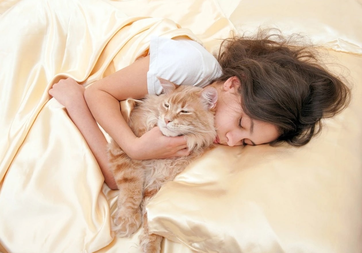 Девушка в постели с кошкой